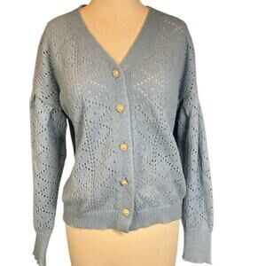 Nanette Lepore Blue Eyelet Knit Cardigan Sweater Faux Pearl Buttons Size Large